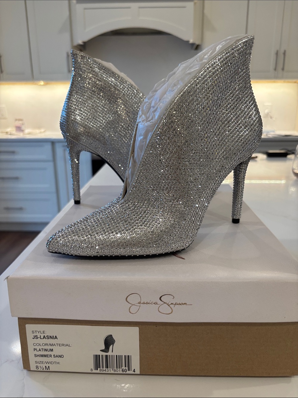 Jessica Simpson Platinum Crystal Pointed Toe Stiletto Booties
